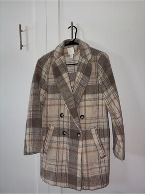 H&M Plaid Double-Breasted Pea Coat in Beige and Taupe
